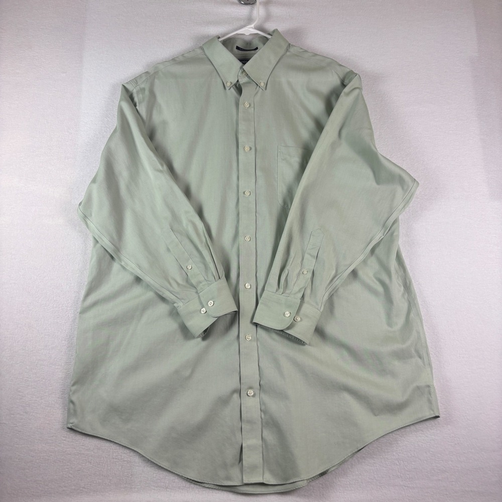 Lands End Mens 18-34T No Iron Supima Pinpoint Dress Shirt Green Traditional Fit